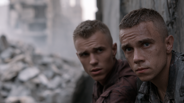 A gritty, intimate 16:9 vertical handheld camera shot capturing raw emotion in a desolate war-torn urban environment. Two soldiers, faces strained…