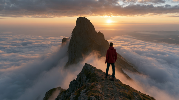 An exquisite, sun-drenched 16:9 vertical wide-angle view of a monumental mountain peak at sunrise. A single, powerful figure clad in technical…