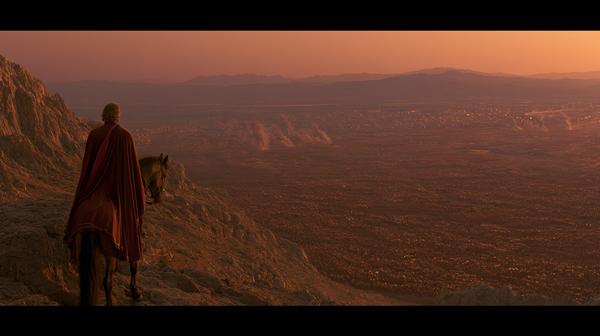 A monumental 16:9 vertical tracking shot across a vast ancient Roman battlefield at sunset. Thousands of legionaries with curved shields are arrayed…