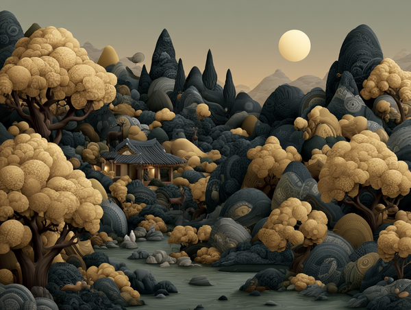 A detailed folk art style illustrative still. A surreal landscape with mountains and a river, composed of rich, patterned textiles and stylized…