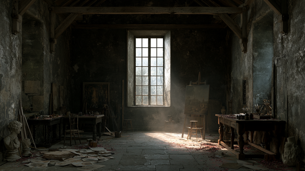An intimate 16:9 historical drama trailer scene themed around fine art. A Renaissance artist's workshop filled with scattered sketches, raw pigment…