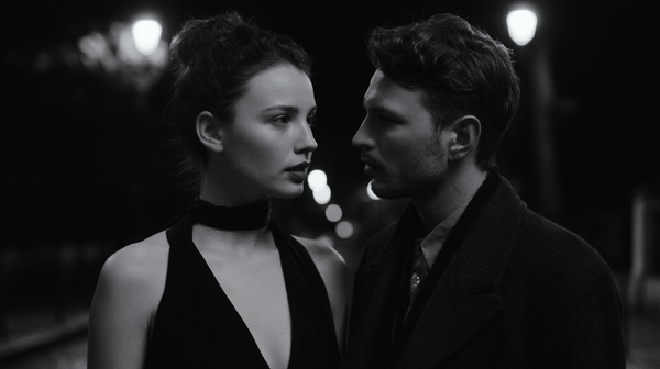 A timeless 16:9 French New Wave romantic drama trailer scene, beautiful monochrome. A candid close-up of a couple sharing a quiet, emotional moment…