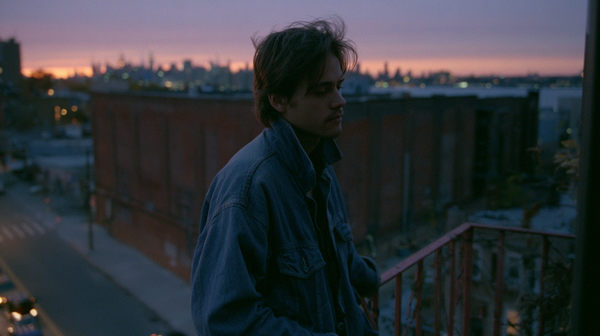 A cinematic wide shot film still from an indie drama set in Bushwick, Brooklyn at dusk. A lone protagonist in a vintage denim jacket stands on a fire…