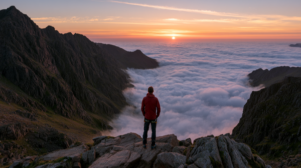 An exquisite, sun-drenched 16:9 vertical wide-angle view of a monumental mountain peak at sunrise. A single, powerful figure clad in technical…
