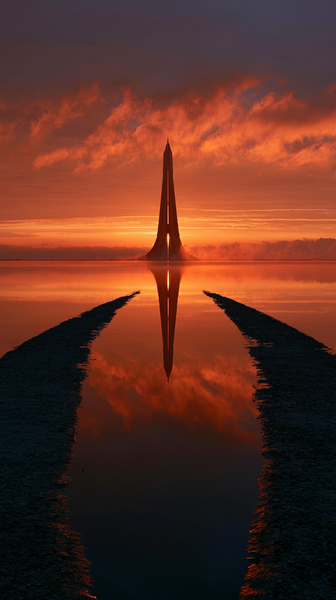 A vast minimalist horizon view of a calm water body reflecting a rich gradient of sunrise orange and amber sky, a sleek silhouette of a futuristic…