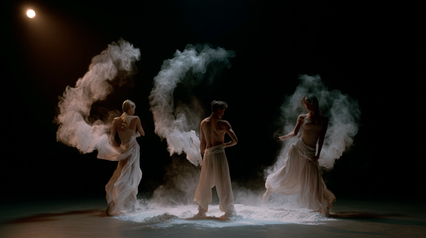 A poetic and emotional 16:9 contemporary dance film trailer scene. A fluid, sculptural trio dance performance (two female, one male) on a minimalist…