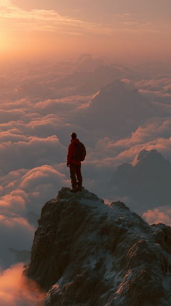 A grand and dynamic 9:16 vertical portrait capturing a single adventure-seeker on a monumental mountain peak at sunrise. Clad in technical hiking…