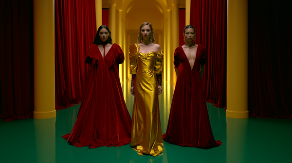An opulent 16:9 cinematic fashion thriller trailer scene. Heavy primary red velvet drapes contrasted sharply against a glossy emerald green lacquer…