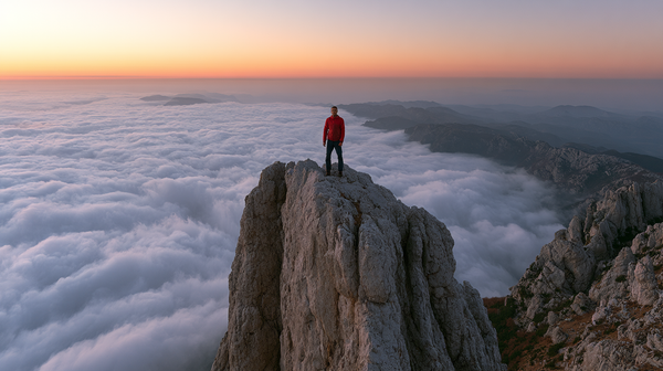 An exquisite, sun-drenched 16:9 vertical wide-angle view of a monumental mountain peak at sunrise. A single, powerful figure clad in technical…
