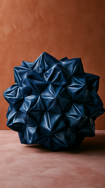 A minimalist bold fashion lookbook shot showcasing structured, sharp folds of premium cobalt blue leather, contrasting against a soft terracotta…
