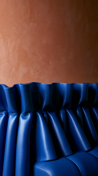 A minimalist bold fashion lookbook shot showcasing structured, sharp folds of premium cobalt blue leather, contrasting against a soft terracotta…