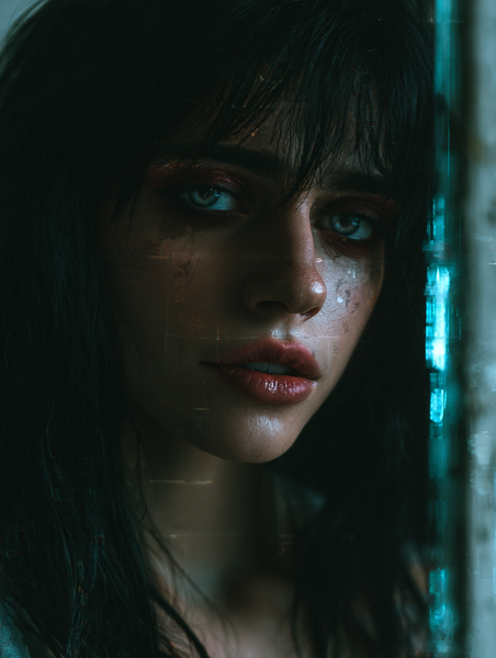 A glitchy, lo-fi portrait of a face overlaid with distressed xerox scan textures and distorted typography. Luminous metrics and grid lines glow with…