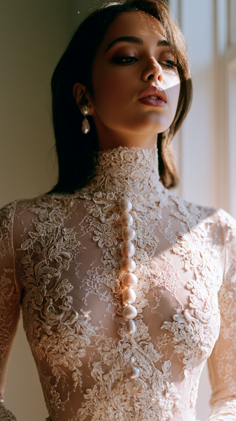 A vintage romantic fashion editorial close-up featuring intricate ivory lace texture intertwined with oversized baroque pearls, soft warm sunlight…