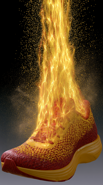 A powerful dynamic macro close-up of a high-performance running shoe in bright sun-yellow and crimson red. From its sole, a burst of glowing yellow…