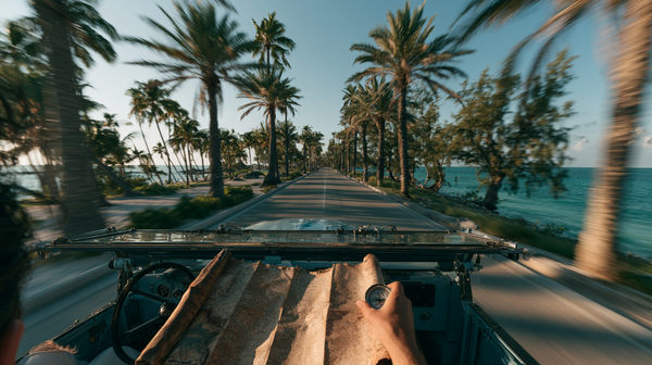 A grand, devastating 16:9 vertical wide-angle shot looking forward from an open-air vintage jeep interior. The figure has a hand holding a rustic map…