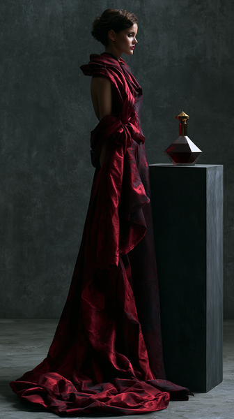 An elegant high-end fashion magazine editorial close-up featuring deep crimson red luxury silk fabric draping over a minimalist matte-black concrete…