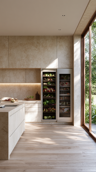 A clean, minimalist view of a modern kitchen with beige concrete walls and warm sunlight filtering through. Focus on a smart refrigerator with an…