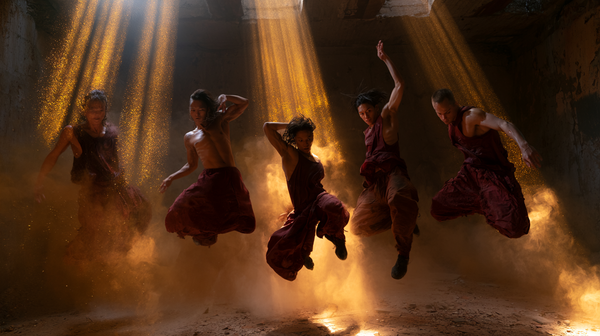 A hyper-dynamic 16:9 movie trailer scene. An explosive breakdancing crew of five powerful dancers captured mid-air performing a synchronized complex…