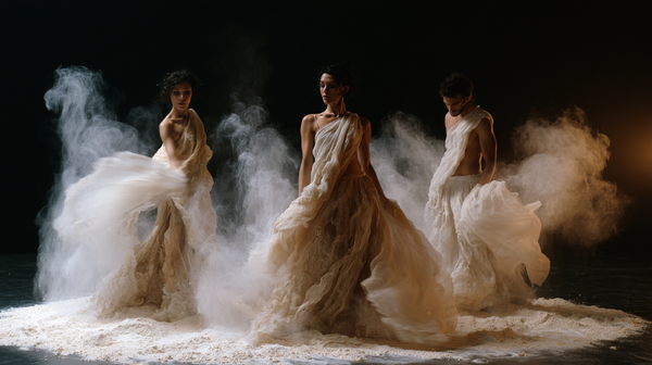 A poetic and emotional 16:9 contemporary dance film trailer scene. A fluid, sculptural trio dance performance (two female, one male) on a minimalist…