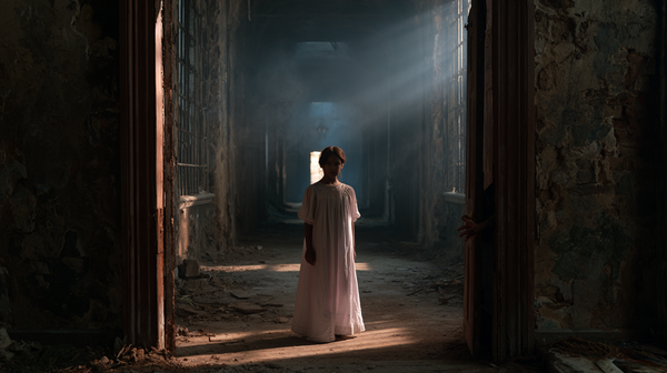 A moody, deep-focus 16:9 vertical shot inside a decaying, dimly lit Victorian asylum hallway. Dust motes dance in narrow beams of weak moonlight…
