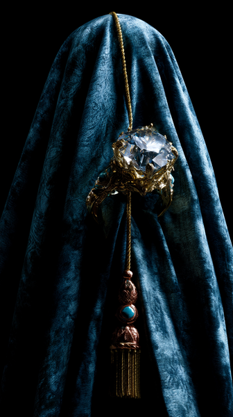 A powerful, high-contrast macro close-up of a majestic diamond ring set in gold, resting on a dark, rich blue textured velvet. Dramatic spotlight…