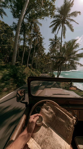 A dynamic vertical cinematic shot looking forward from an open-air vintage jeep interior, with a hand holding a rustic map and compass, driving along…