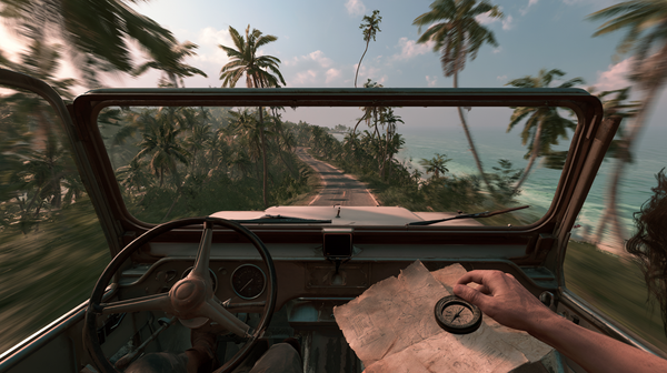 A grand, devastating 16:9 vertical wide-angle shot looking forward from an open-air vintage jeep interior. The figure has a hand holding a rustic map…