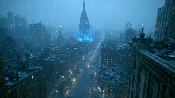 A high-contrast, moody Neo-Noir still set in a rainy New York at dusk, looking out a high-rise office window onto the complex city grid and the…