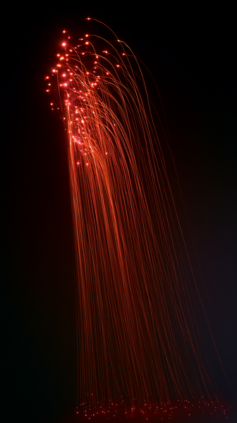 A high-contrast dynamic shot of fiery luminous red and orange light trails streaks weaving across a dark stage canvas, explosive energy movement…