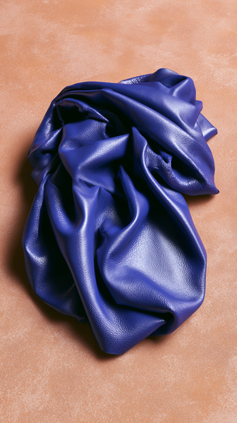 A minimalist bold fashion lookbook shot showcasing structured, sharp folds of premium cobalt blue leather, contrasting against a soft terracotta…
