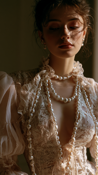 A vintage romantic fashion editorial close-up featuring intricate ivory lace texture intertwined with oversized baroque pearls, soft warm sunlight…