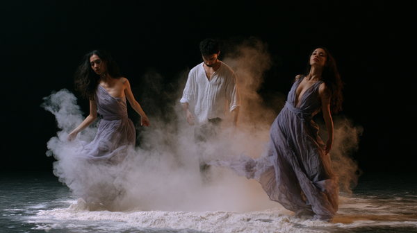A poetic and emotional 16:9 contemporary dance film trailer scene. A fluid, sculptural trio dance performance (two female, one male) on a minimalist…