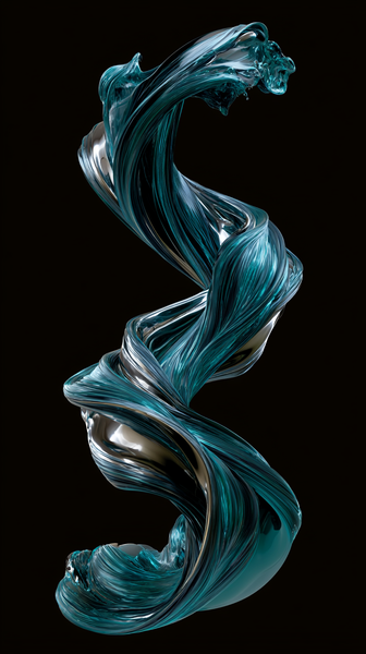 An abstract 3D fluid sculpture made of polished chrome and glowing electric teal liquid ribbons twisting elegantly in a matte black void, high…