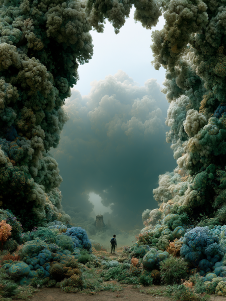A highly-textured, organic Psychedelic style illustrative still. A kaleidoscopico garden of swirling, pattern-based plants in a kaleidoscope of…