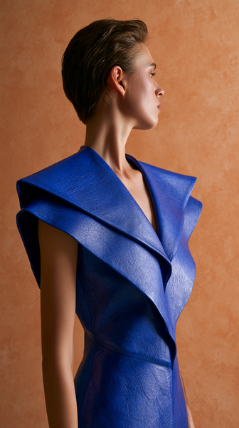 A minimalist bold fashion lookbook shot showcasing structured, sharp folds of premium cobalt blue leather, contrasting against a soft terracotta…