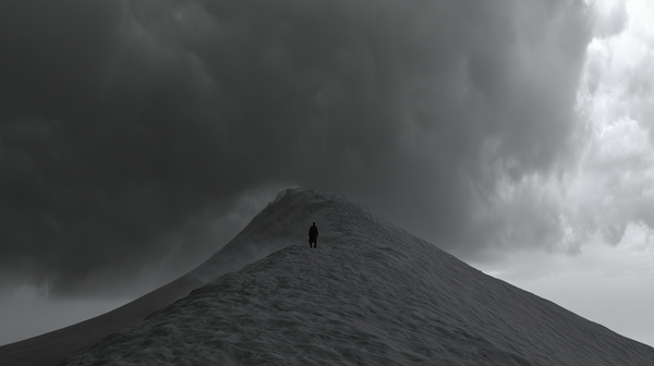 An avant-garde 16:9 minimalist art cinema trailer scene in rich, deep-toned black and white. A lone character stands on a colossal, desolate sand…