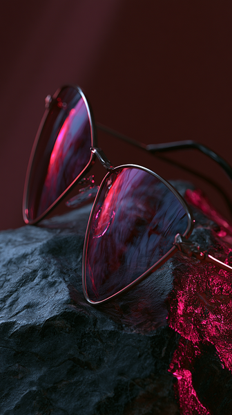 Extreme close-up of avant-garde futuristic sunglasses with iridescent lenses that reflect a magenta and neon pink studio light setup, resting on a…