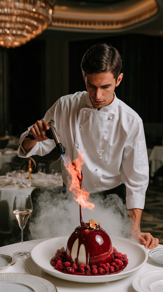 A high-end gastronomy texture close-up. A dynamic close-up of a chef torching a modern white chocolate dome dessert in a misty fine dining…