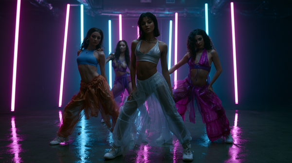 A fast-paced, high-saturation 16:9 electronic dance film trailer scene. A dynamic crew of four dancers performing fluid voguing and popping moves…