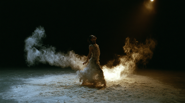 A poetic and emotional 16:9 contemporary dance film trailer scene. A fluid, sculptural duet dance performance on a minimalist dark stage covered in a…