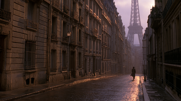 A moody, rain-slicked Paris street scene at dusk, looking down a wide avenue towards the silhouette of the Eiffel Tower, diffused golden light…