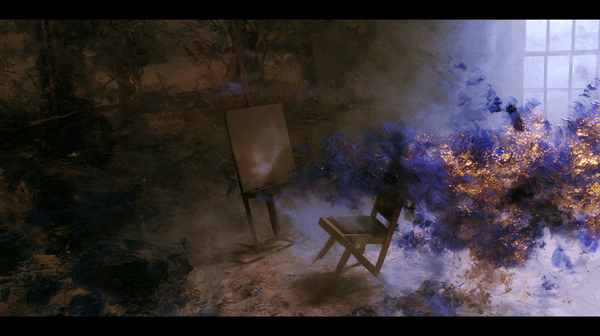 A cinematic 16:9 art film trailer scene. A majestic historical painter's studio where the background landscape dynamically blends into thick,…