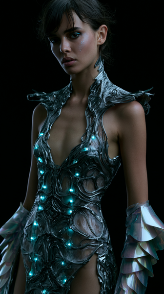 A striking 9:16 vertical portrait for a high-fashion magazine editorial. A single model, a powerful and serene figure with sleek cybernetic makeup,…