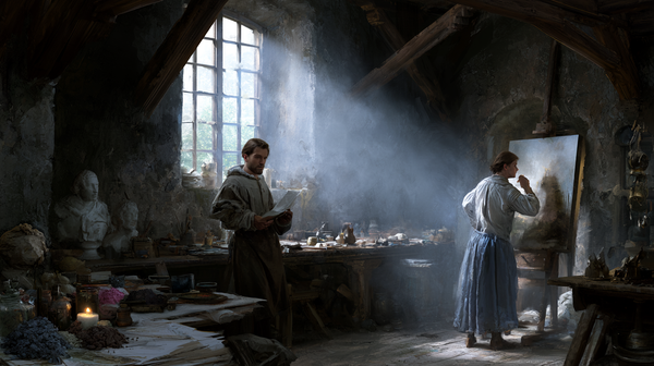 An intimate 16:9 historical drama trailer scene themed around fine art. A Renaissance artist's workshop filled with scattered sketches, raw pigment…