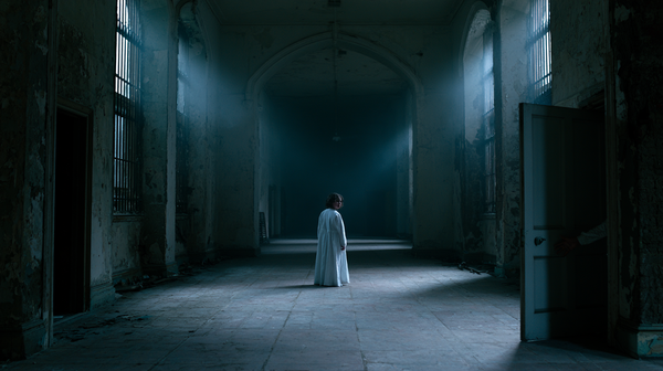 A moody, deep-focus 16:9 vertical shot inside a decaying, dimly lit Victorian asylum hallway. Dust motes dance in narrow beams of weak moonlight…