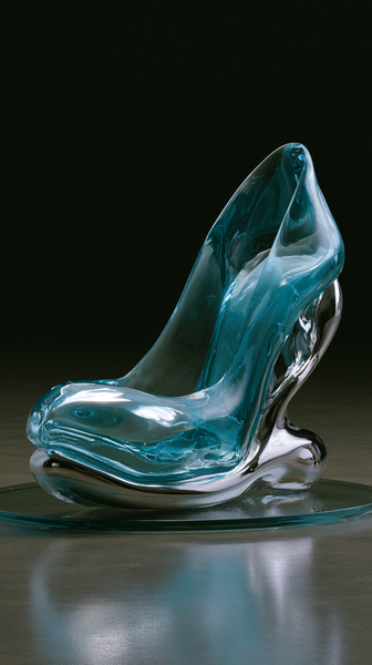 A close-up editorial shot of an avant-garde luxury high heel shoe made of liquid chrome and translucent neon cyan resin, resting on a reflective…