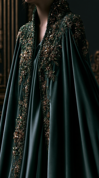 A rich treasure fashion editorial texture shot of deep emerald green velvet fabric embroidered with heavy, intricate gold threads and crystals, rich…