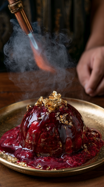 A high-end gastronomy texture close-up. A dynamic close-up of a chef torching a modern white chocolate dome dessert in a misty fine dining…