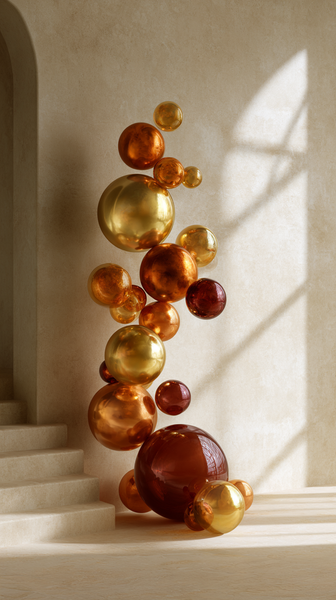 Luxurious composition of highly polished gold and amber glass spheres floating in perfect balance against a soft beige concrete wall with subtle…