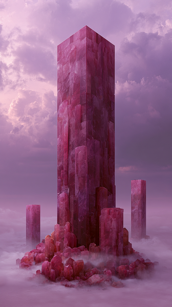 A surreal landscape scene featuring monumental magenta and pink crystal monoliths rising sharply from a soft misty valley under an ethereal violet…